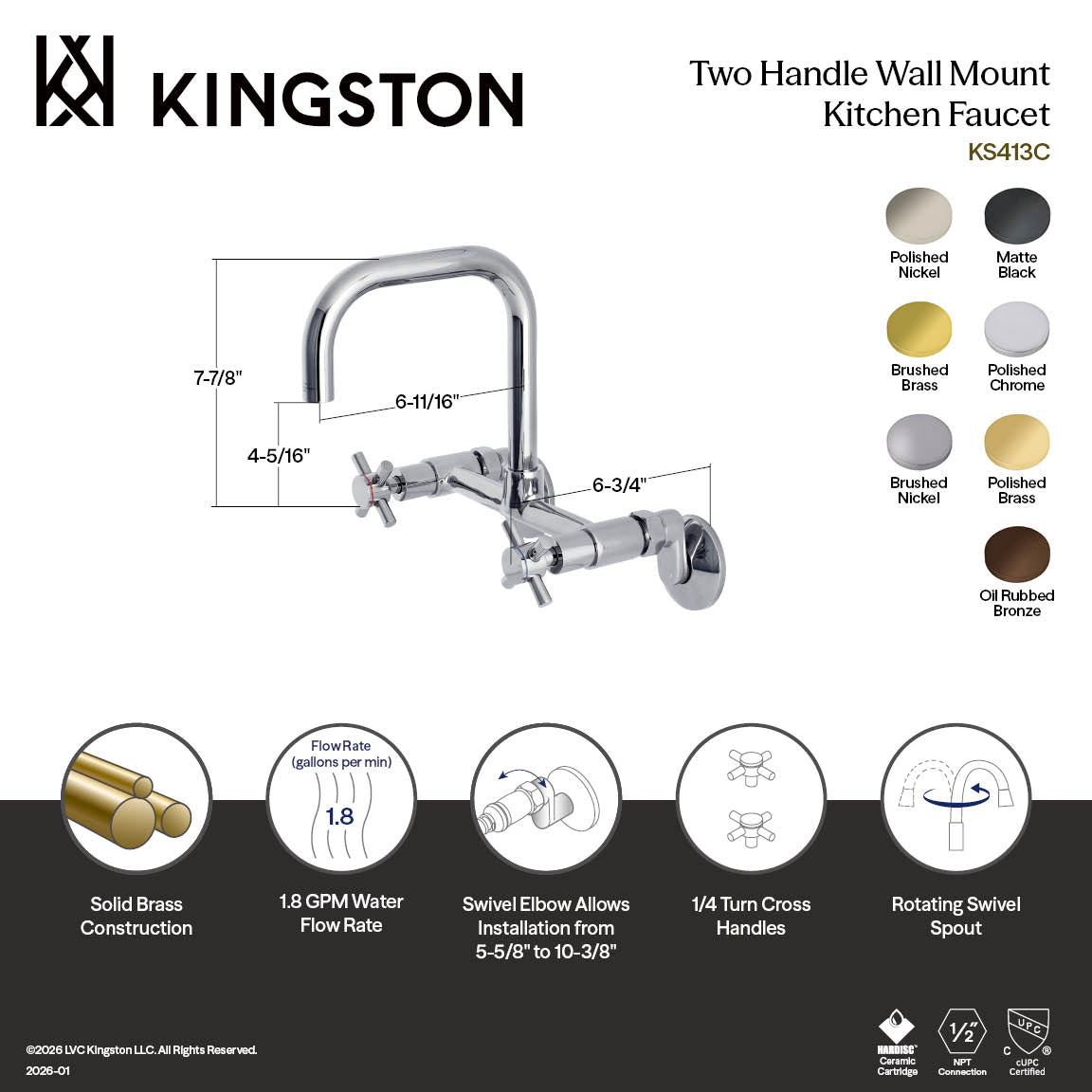 Kingston Sona KS413PN - Concord Two-Handle 2-Hole Wall Mount Kitchen Faucet, Polished Nickel — thumbnail 2
